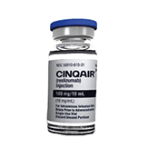 A clear glass vial with a blue cap labeled "CINQAIR (reslizumab) Injection, 100 mg/10 mL." The text indicates it is for intravenous infusion use and includes dosage information.