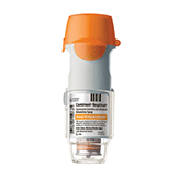 Inhaler with an orange cap and a clear base, containing medication for respiratory conditions. The label displays instructions and dosage information.