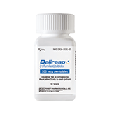 Image of a bottle of Daliresp (roflumilast) tablets, 500 mcg per tablet. The bottle is white with blue and orange text. Contains 30 tablets.