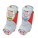 Two Symbicort inhalers with red and white components are placed side by side. The labels display dosage information, with color-coded yellow and blue sections for differentiation.