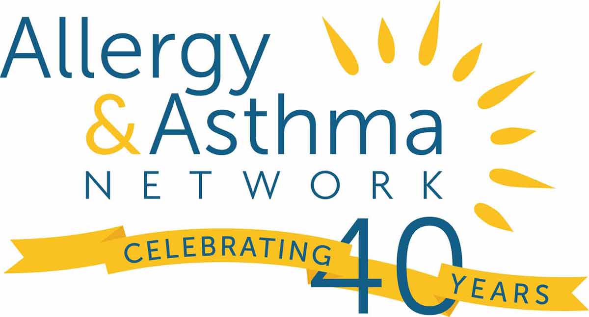 Logo of the Allergy & Asthma Network with text "Celebrating 40 Years." A yellow ribbon and sunburst design accompany the text.