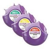 Three Advair Diskus inhalers in purple cases are aligned side by side. The labels indicate doses of 100/50, 250/50, and 500/50 micrograms.