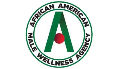 Logo of the African American Male Wellness Agency featuring a large green letter "A" with a red dot at its base, enclosed in a circle with the agency's name written around it.