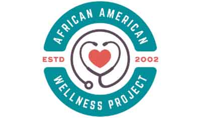 Logo of the African American Wellness Project. A stethoscope forms a heart shape inside a circular turquoise badge. Text reads "African American Wellness Project," "ESTD 2002.