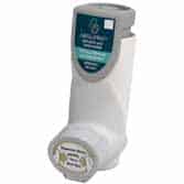 A white Ventolin inhaler with a teal label and a dose counter at the top, used for asthma relief.