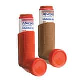Two asthma inhalers with red caps stand upright. They are enclosed in brown plastic holders, with visible brand labels and dosage information on the canisters.