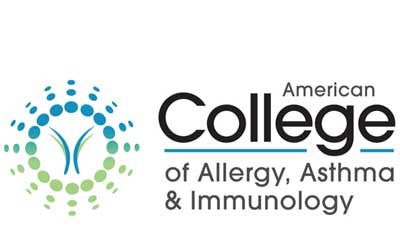 Logo of the American College of Allergy, Asthma & Immunology. It features a circular design with blue and green dots surrounding a central abstract symbol, alongside the organization's name in black and blue text.