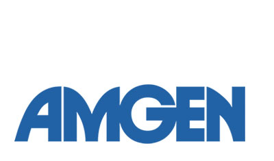 The image shows the logo of Amgen, featuring the word "AMGEN" in bold blue letters with a modern, sans-serif font against a white background.