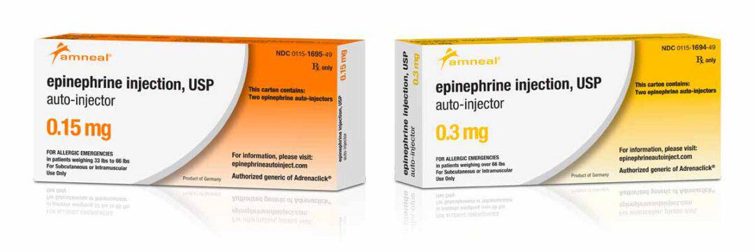 Two boxes of Amneal epinephrine auto-injectors are displayed. The left box is orange and labeled 0.15 mg, and the right box is yellow and labeled 0.3 mg. Both boxes include product information and dosage details.