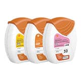 Three inhalers with orange caps are displayed. Each has a white, curved base with labels in different colors: yellow, pink, and white, indicating different medication strengths or types.