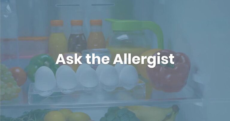 Image of a refrigerator shelf containing eggs, a red bell pepper, beverages, and fruits. The text "Ask the Allergist" is prominently displayed over the image.