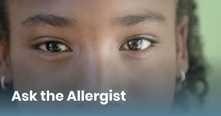 Close-up of a person's face with a focus on the eyes. The background is blurred, and the text "Ask the Allergist" is overlaid at the bottom.