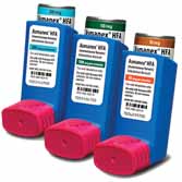 Three blue asthma inhalers with red caps are displayed. Each has different labels corresponding to dosage types, indicated by varying colors at the top: green, orange, and brown.