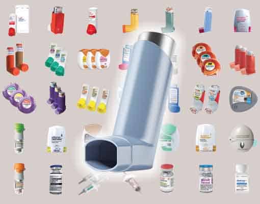 A collage of various inhalers and medications for respiratory conditions, with one large blue inhaler prominently featured in the center. The background includes many types and colors of inhalers and medication packaging.