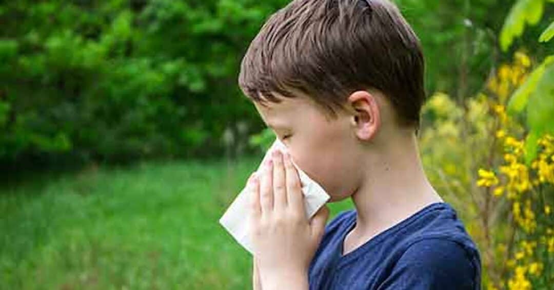 A boy stands outdoors in a green field with trees in the background, holding a tissue to his nose. He appears to be sneezing or wiping his nose.