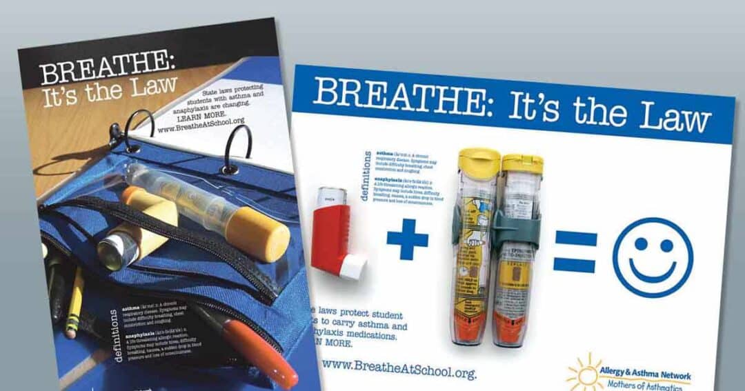 Two posters promote asthma and allergy medication access at school. One shows inhalers and EpiPens in a blue bag; the other shows an inhaler and EpiPens with an equals sign and a smiling face.
