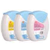 Three containers of Sensodyne toothpaste are displayed. Each has a blue cap and a distinct color label: yellow, blue, and pink, featuring "Pronamel" text along with varying product details.