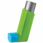 A green asthma inhaler with a blue cap and silver canister, used for administering medication to manage respiratory conditions.