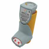 A gray and yellow asthma inhaler with a labeled canister and dose counter at the top.