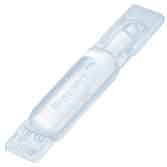 A single-use, transparent plastic ampoule with a narrow neck, possibly for liquid medication or eye drops, on a white background.
