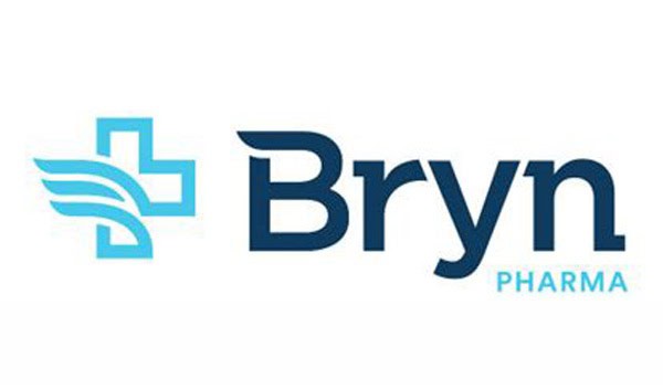Logo of Bryn Pharma featuring a stylized blue medical cross with diagonal lines resembling wings, followed by the text "Bryn" in bold dark blue and "Pharma" in smaller light blue font.