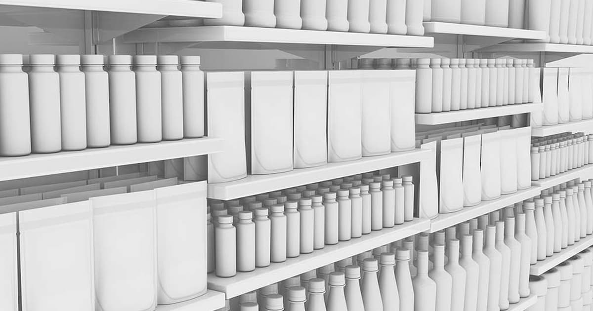 What Can You Do If You Can’t Afford Allergen-Free Foods? 5 Monochrome image of store shelves stocked with various containers, including bottles, jars, and boxes. The shelves are uniformly arranged, and all packaging appears in shades of grey, giving a minimalist and organized appearance.