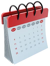Your Trusted Resource 16 Illustration of a standing desk calendar with pages showing a month. The days of the week are labeled at the top, and the month layout starts with Sunday. The calendar has a red top and black spiral binding.