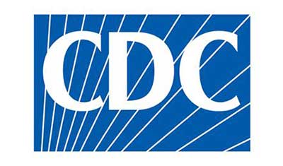 CDC logo with bold white letters on a blue background, featuring white radial lines extending from the lower left corner.