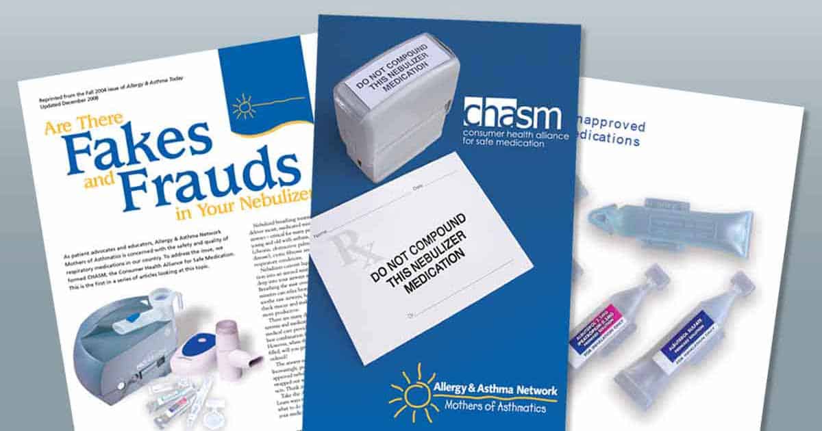 A collage of brochures about nebulizer medication safety, including headlines like &ldquo;Are There Fakes and Frauds in Your Nebulizer?&rdquo; and advice to avoid compounded medication, with images of medical devices and inhaler vials.