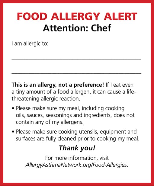 Food Allergy Alert card requesting chefs to be informed about the diner's food allergies. It emphasizes the seriousness of allergies and asks for thorough cleaning of utensils and surfaces. Contact info for more details is included at the bottom.