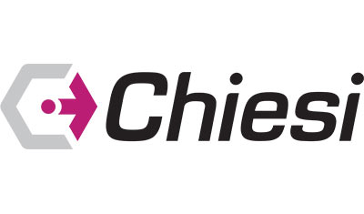 The image shows the Chiesi logo, featuring a stylized hexagonal shape with an arrow and dot in pink, next to the text "Chiesi" in bold black letters.