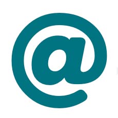 Teal "@" symbol on a white background.