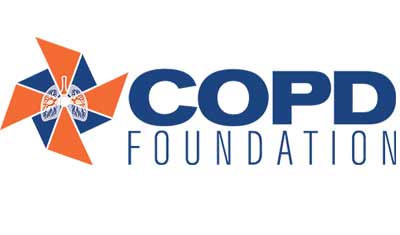 Logo of the COPD Foundation featuring a blue and orange stylized pinwheel with lung illustrations at the center. The text "COPD Foundation" is written in bold, blue letters.