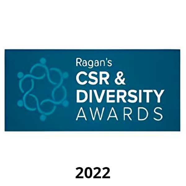 A rectangle with a blue background displays "Ragan's CSR & Diversity Awards" in white text. A circular abstract design is on the left. Below the rectangle, the year "2022" is written in black.