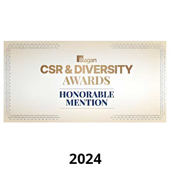 Award certificate with decorative border. Text reads: "Ragan CSR & Diversity Awards Honorable Mention." Year shown below is 2024.