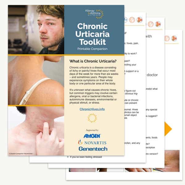 Cover image of a Chronic Urticaria Toolkit with a man and woman showing skin rashes, informational text about the condition, and logos for AMGEN, Novartis, and Genentech at the bottom.