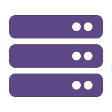 A simple icon depicting three horizontal server racks in purple, each with two circular indicators on the right side. The design is minimalist and uses a solid color.