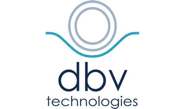 Logo featuring two concentric circles above a curved line, resembling sound waves, with the text "dbv technologies" below in lowercase letters. The design uses shades of blue and gray on a white background.