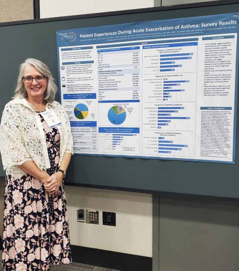 A woman stands smiling next to a large presentation poster titled "Patient Experiences During Acute Exacerbation of Asthma: Survey Results." The poster includes charts and graphs. She is wearing a white lace cardigan over a floral dress.