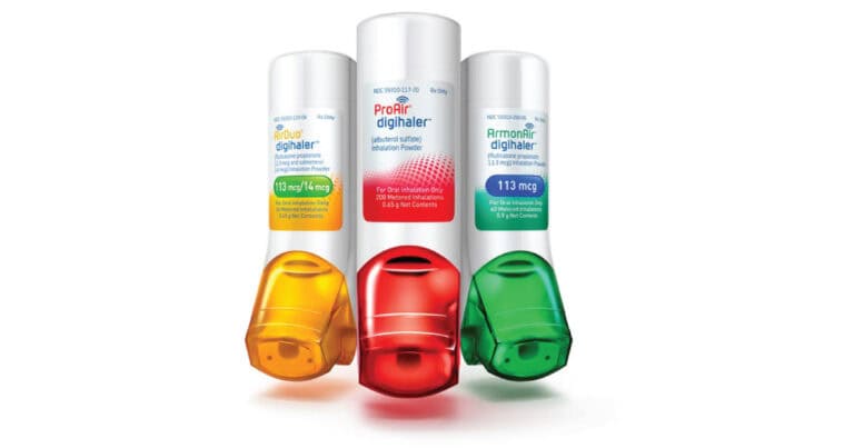Three inhalers are displayed: a yellow one labeled “ProAir Digihaler” with 117 mcg, a red one labeled “ProAir Digihaler,” and a green one labeled “ArmonAir Digihaler” with 113 mcg. The inhalers have colorful cap designs.