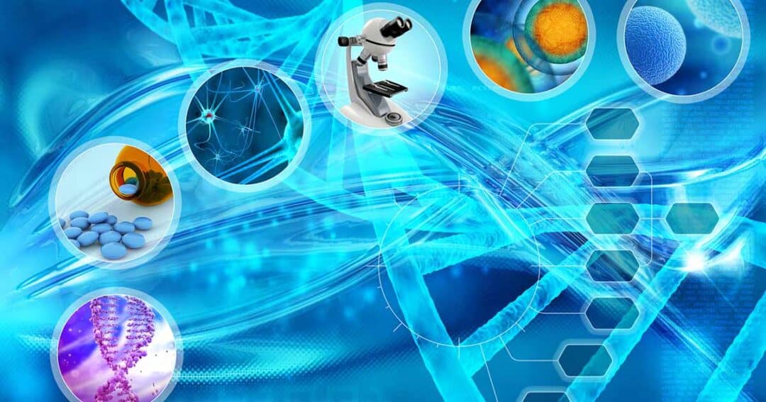 A scientific collage featuring a microscope, DNA strands, pills, neurons, and cells on a blue background with hexagonal patterns, symbolizing biotechnology and medical research.