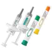 Four medical syringes with different colored caps and labels, arranged upright against a white background.