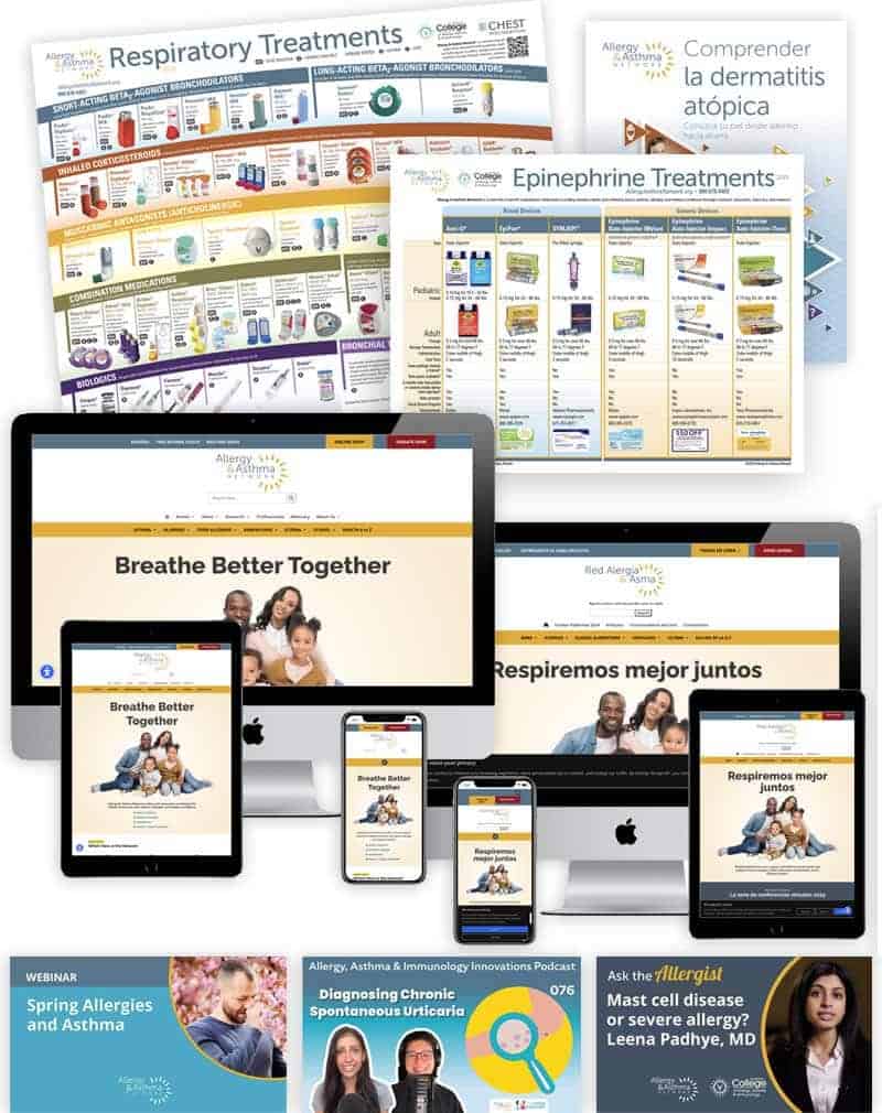 Collage of digital screens displaying respiratory and epinephrine treatments, allergy education materials, and family healthcare resources in English and Spanish. Various devices show related websites and podcasts for allergy and asthma awareness.