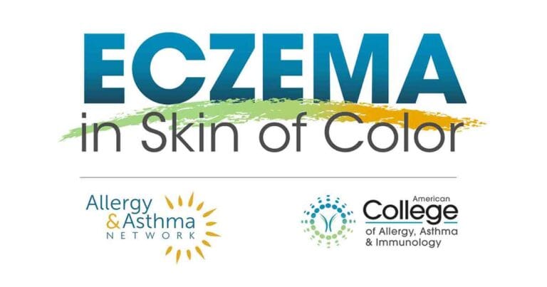 Text reads "ECZEMA in Skin of Color" with logos for Allergy & Asthma Network and American College of Allergy, Asthma & Immunology below. Background features a colorful brush stroke design.