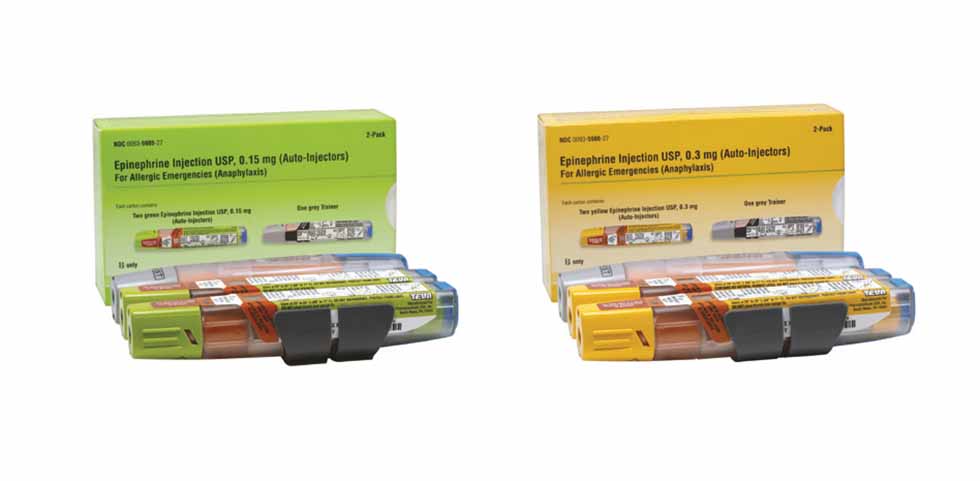 Two packages of epinephrine auto-injectors are shown. One package is green, indicating 0.15 mg dosage, and the other is yellow, indicating 0.30 mg dosage. Each package contains two injectors used for treating allergic emergencies.