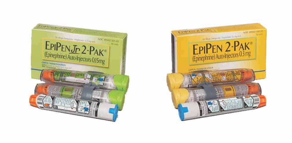 Image of two packages of EpiPen auto-injectors. The left package is labeled "EpiPen Jr 2-Pak" with green caps, containing 0.15 mg of epinephrine. The right package is labeled "EpiPen 2-Pak" with yellow caps, containing 0.3 mg of epinephrine.