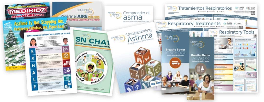 A collage of educational materials about asthma in both English and Spanish, featuring brochures, guides, and booklets with illustrations and photos of children, adults, and healthcare professionals.