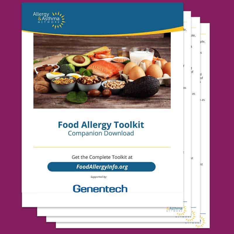 Cover page of the "Food Allergy Toolkit" by the Allergy & Asthma Network, featuring a variety of foods like fruits, nuts, and vegetables. Displays the website FoodAllergyInfo.org and mentions support from Genentech.