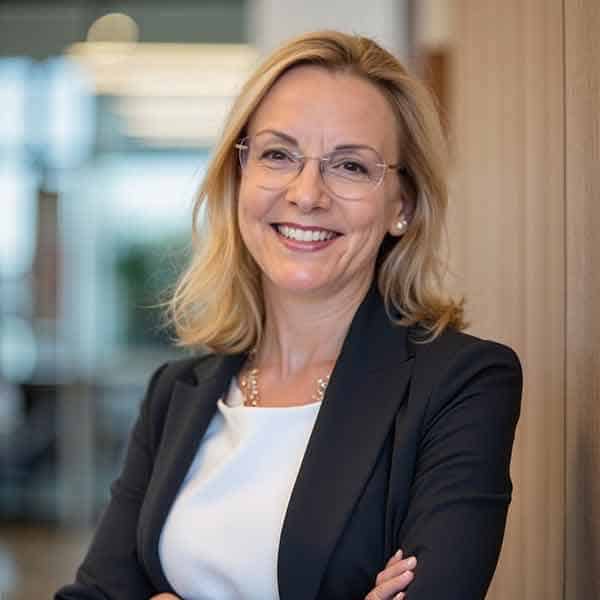 Smiling person with glasses and shoulder-length blonde hair, wearing a black blazer and white shirt, stands with arms crossed in a modern office setting.