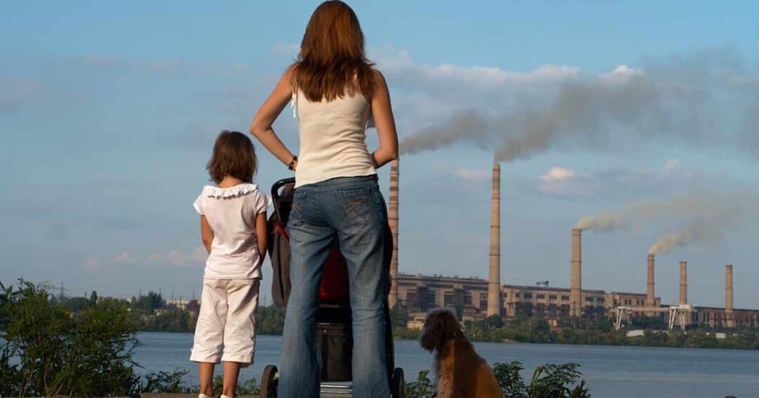 A woman stands with a child and stroller, accompanied by a dog, looking across a body of water. In the background, there are several smoking industrial chimneys under a clear sky.